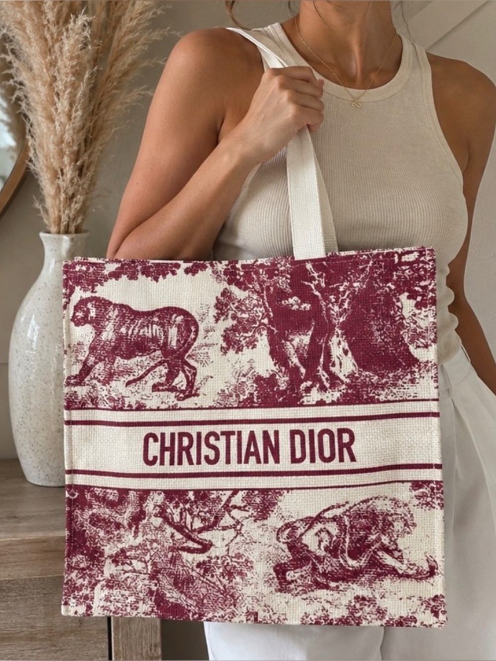 NWOT Dior Cream and Burgundy Toile Canvas Tote